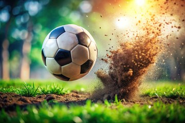 Naklejka premium Close-Up of a Soccer Ball Kicking Up Dirt on Grass - Minimalist Photography of Sports Action and Nature