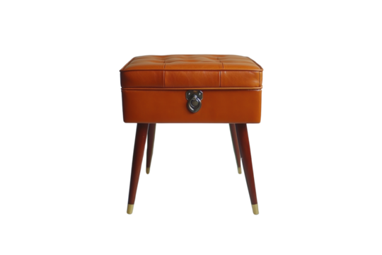 stylish brown leather ottoman with tufted top and wooden legs, perfect for modern interiors
