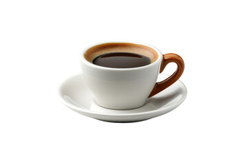 white coffee cup with brown handle, filled with black coffee, sits on saucer. image captures essence of cozy coffee moment