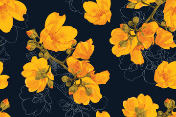 Floral seamless pattern with Cochlospermum religiosum​ flowers background.Vector illustration hand drawing. For textile,curtain,fabric pattern print design.