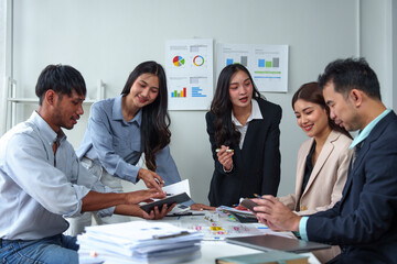 Group of business people, meeting, brainstorming, creative business Discuss financial business plans, planning, strategy, business development, working with real estate projects in the office.