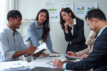 Group of business people, meeting, brainstorming, creative business Discuss financial business plans, planning, strategy, business development, working with real estate projects in the office.