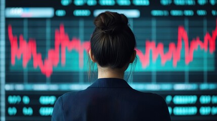 A businesswoman analyzing stock market data on a large screen, showcasing trends and performance in a modern office environment.