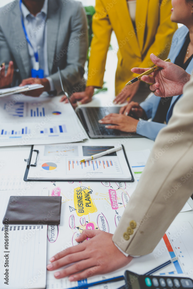 Poster teamwork process business team of men and women use calculators to calculate business statistics, pr