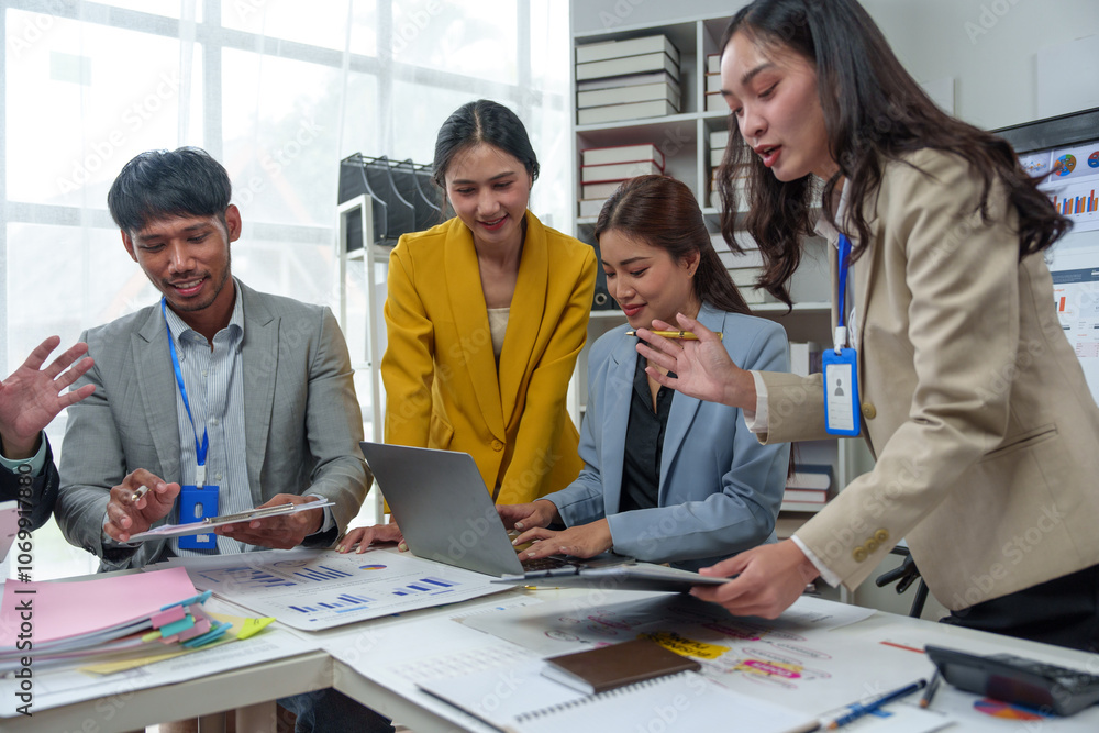 Poster teamwork process business team of men and women use calculators to calculate business statistics, pr
