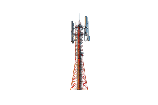 tall telecommunications tower with antennas and equipment, standing prominently against clear background. This structure is essential for mobile communication and connectivity