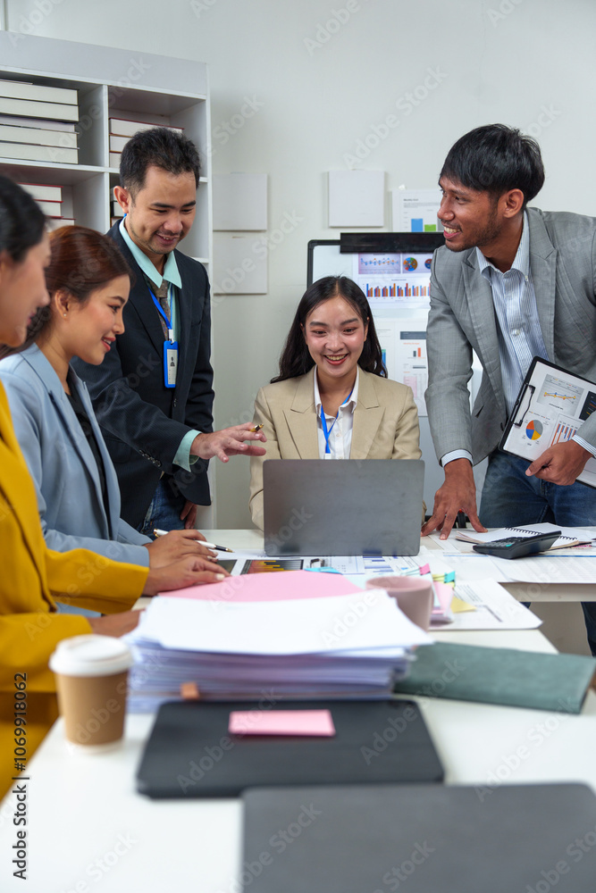 Poster teamwork process business team of men and women use calculators to calculate business statistics, pr