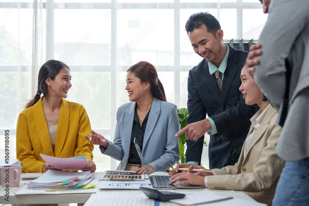 Poster teamwork process business team of men and women use calculators to calculate business statistics, pr