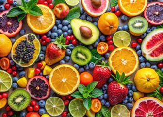 Colorful Fruit Collage on Abstract Background - Vibrant Berries, Exotic Tropical Fruits, and Citrus on Artistic Backdrop, Perfect for Healthy Lifestyle, Smoothies, and Summer Themes