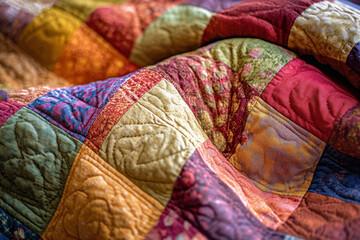 Colorful handmade quilt with intricate patterns and vibrant fabrics, creating a warm and cozy atmosphere with an array of rich textures and detailed stitching.