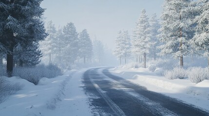 In a winter landscape in Germany, a road covered in snow and trees covered in snow.