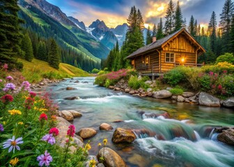 Fototapeta premium Cozy Mountain Cabin by the River - Scenic Nature Retreat, Tranquil Landscape, Rustic Getaway, Serene Wilderness, Stunning Views, Peaceful Riverbank, Majestic Mountains, Perfect Escape