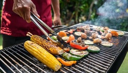 Naklejka premium A chef’s hands using tongs to flip grilled vegetables on an outdoor barbecue.