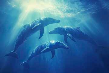 Fototapeta premium dauphins in blue ocean, drone fpv view.generative ai