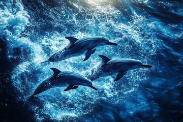 Fototapeta premium dauphins in blue ocean, drone fpv view.generative ai