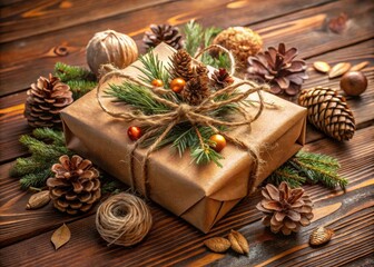Eco-friendly Handmade Gift Box with Natural Decor on Wooden Table for Festive Christmas Celebration, Sustainable Holiday Decor, Rustic Charm, Eco-Conscious Gifting, Handmade Christmas Gifts