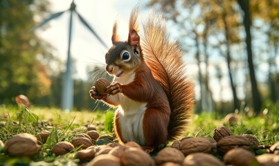 Obraz premium Squirrel holding a nut surrounded by nuts.
