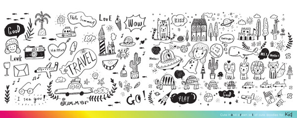 Collection of hand drawn cute doodles,Doodle children drawing,Sketch set of drawings in child style,Funny Doodle Hand Drawn,Page for coloring, cute animal hand drawn, cute Doodle