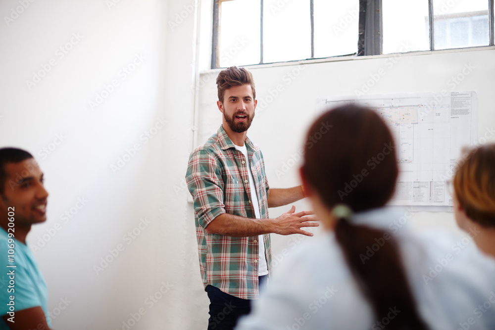 Aufkleber engineering, board or people in presentation for floor plan, teamwork or startup project management.