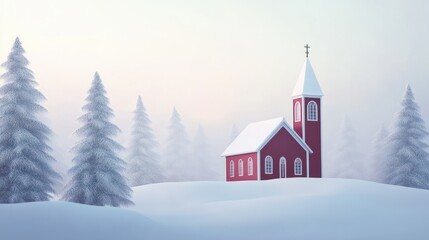 Minimalistic Christmas winter background with church and trees