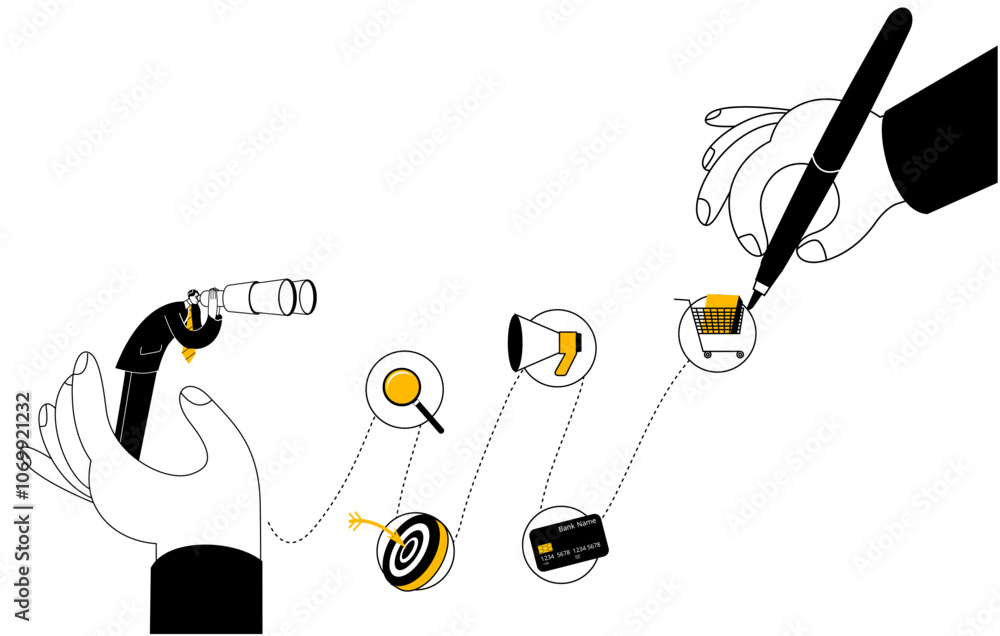 Poster user with binoculars looking at path with different icons. vector illustration on customer journey t