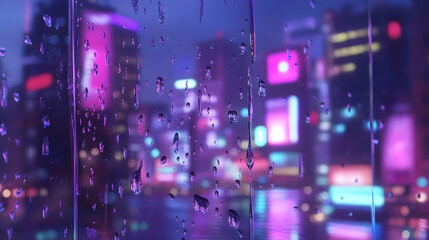 Raindrops on a window pane with a blurred city skyline of neon lights in the background.