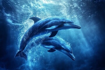 Fototapeta premium dauphins in blue ocean, drone fpv view.generative ai