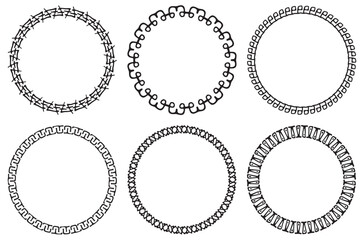 Set of decorative lace tribal frames. Openwork circle ethnic ornate. Geometric round frame border on white background. Mayan style pattern. Vector illustration