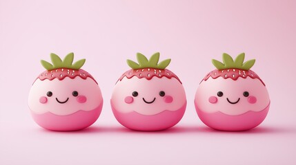 Cute, cheerful spherical characters resembling strawberries, with smiling faces and green leaves, set against a soft pink background.