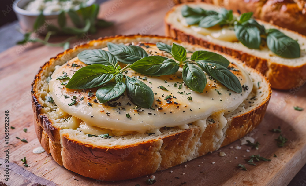 Aufkleber slice of bread with cheese and basil on top