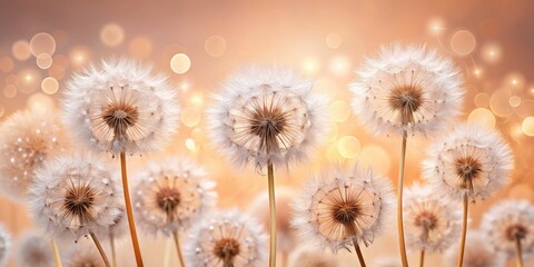 Obraz premium Fluffy Dandelions Closeup on Peach Background for Wallpaper | Nature Photography | Floral Aesthetic | Soft Textures | Spring Vibes | High-Resolution Image | Home Decor Inspiration