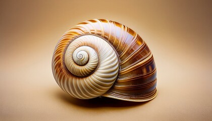A close-up view of a spiraled snail shell with intricate patterns on a light brown background.