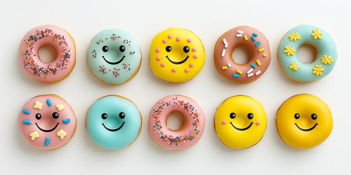Colorful, smiley face donuts arranged in two rows, showcasing a variety of pastel colors and playful decorations, perfect for a joyful treat.