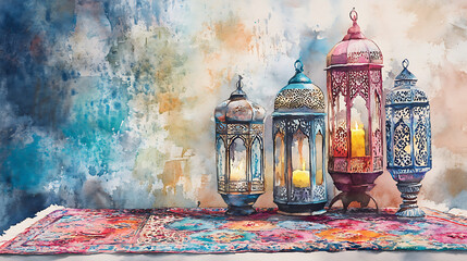 Watercolor lanterns on colorful rug create warm ambiance