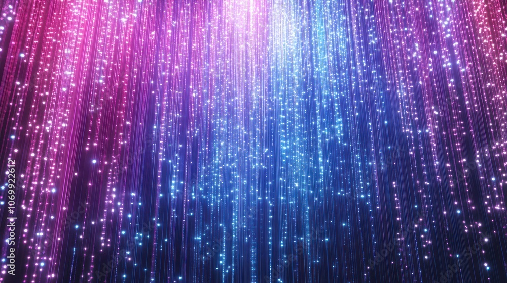 Poster purple and blue gradient lights arranged in vertical lines with glowing dots, creating an abstract f