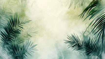 Watercolor background with palm leaves and tropical foliage creating serene atmosphere