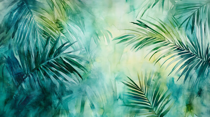 Watercolor background with palm leaves in tropical colors, evoking calmness