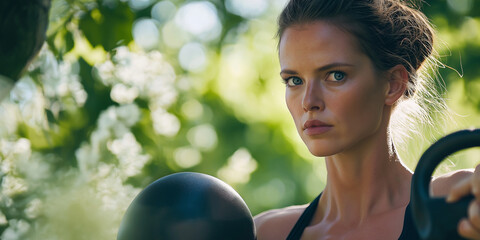 Fototapeta premium Female Fitness Model Lifting Kettlebell in Park