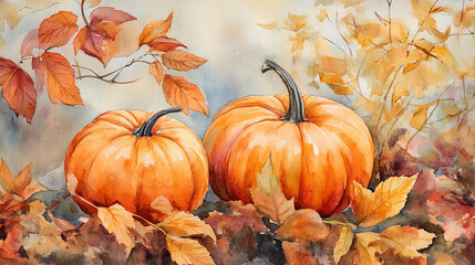 Watercolor pumpkins surrounded by autumn leaves create warm atmosphere