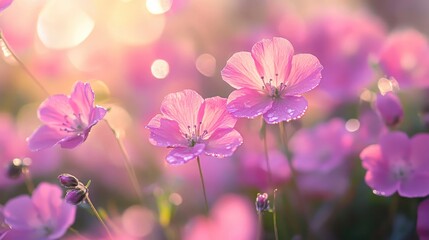 Breathtaking Close-Up of Pink Flowers in Full Bloom, Illuminated by Soft Sunlight with a Beautiful Bokeh Background, Evoking a Sense of Peace and Capturing the Essence of Natural Beauty
