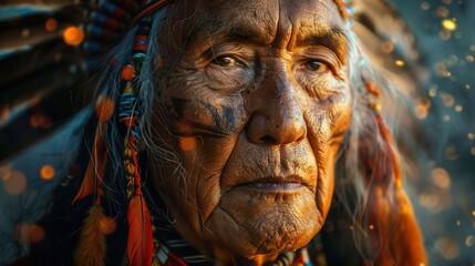 Fototapeta premium Close-Up Portrait of a Native American Elder in Traditional Headdress