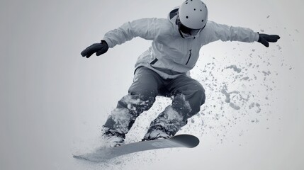 Snowboarder performing a jump in fresh powder on a winter day isolated on transparent background