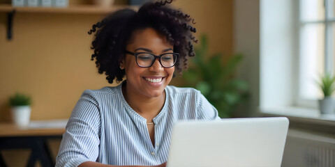 Beautiful young woman working on her computer from her home office in bright setup