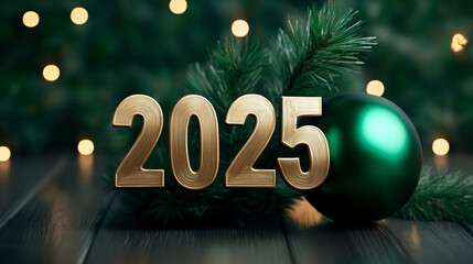The new year 2025 is displayed in golden numerals alongside green holiday decorations on a wooden background
