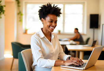 Beautiful young woman working on her computer from her home office in bright setup