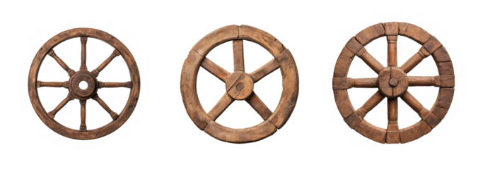 A collection of three rustic, vintage wooden wagon wheels isolated on a transparent background, symbolizing travel and history
