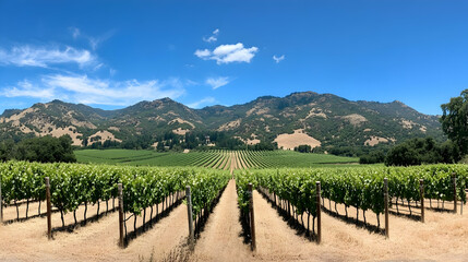 Obraz premium Rows of grapevines in a vineyard with mountains in the background.
