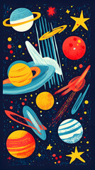 Colorful illustration of planets and stars in outer space.