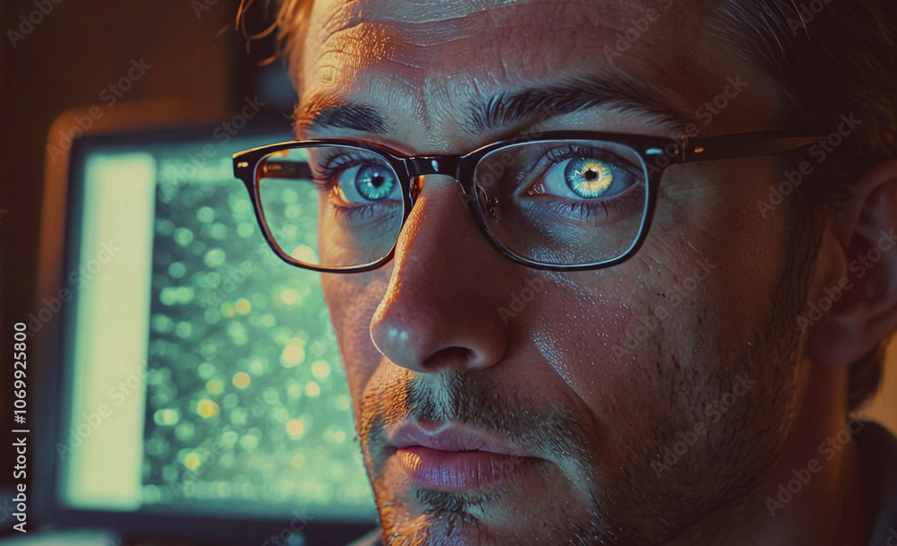 Poster man wearing glasses is looking at a computer screen