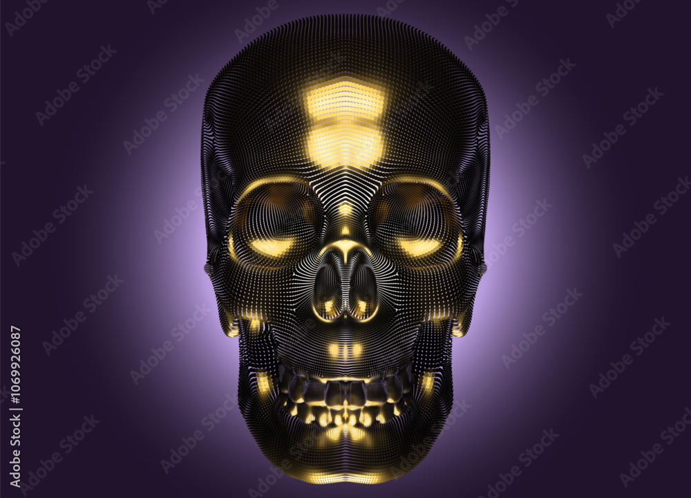 Aufkleber a golden skull made up of many tiny dots on a dark background. the pointillism technique creates a t